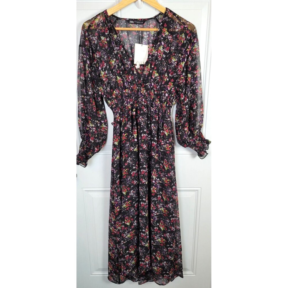 NWT Zara Floral Long Sleeve Midi Dress Size XS